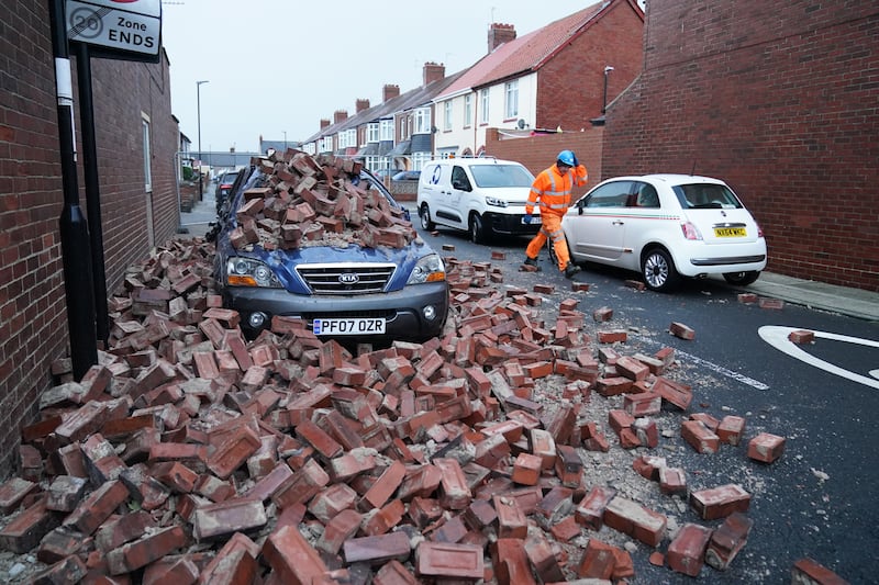 Fallen masonry from a property in Roker, Sunderland, after Storm Arwen in 2021