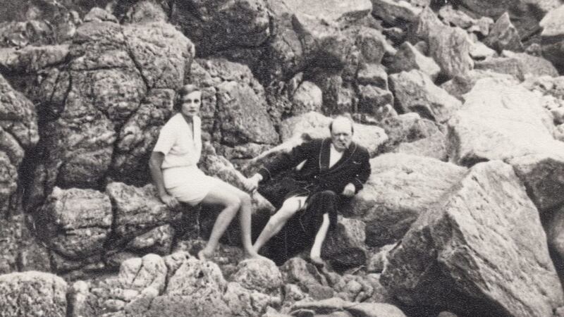 Doris Castlerosse and Winston Churchill on a beach near Chateau de L&#39;Horizon mid-1930s 