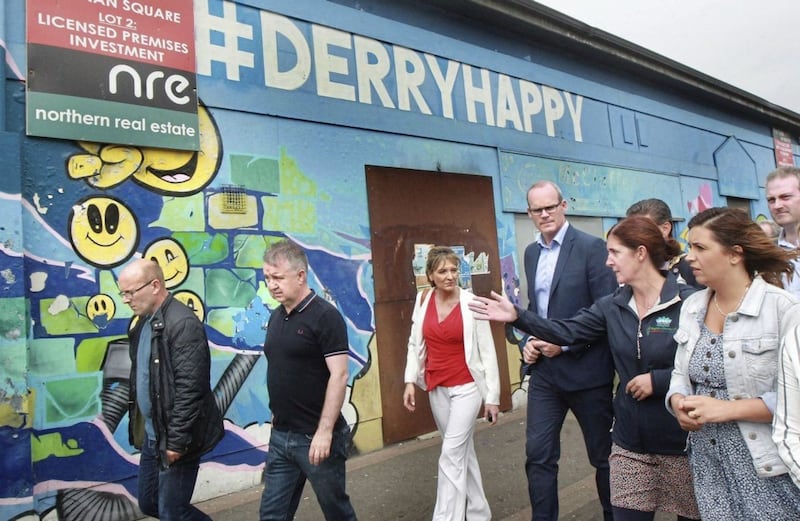 T&aacute;naiste Simon Coveney visiting Derry's Bogside. Picture by Margaret McLaughlin