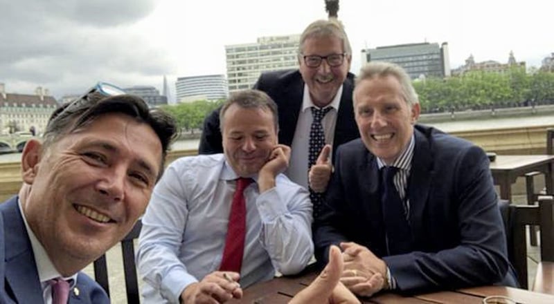 A picture posted on Twitter by Ian Paisley (right) of leading Leave campaigner Arron Banks (second left), Sammy Wilson (second right) and Andy Wigmore, director of communications for Leave.EU 