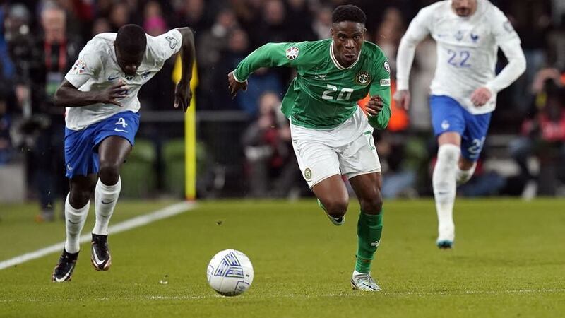 Republic of Ireland’s Chiedozie Ogbene gets away from France’s Dayot Upamecano during the UEFA Euro 2024 Group B qualifying match at the Aviva Stadium, Dublin, Ireland. Picture date: Monday March 27, 2023.