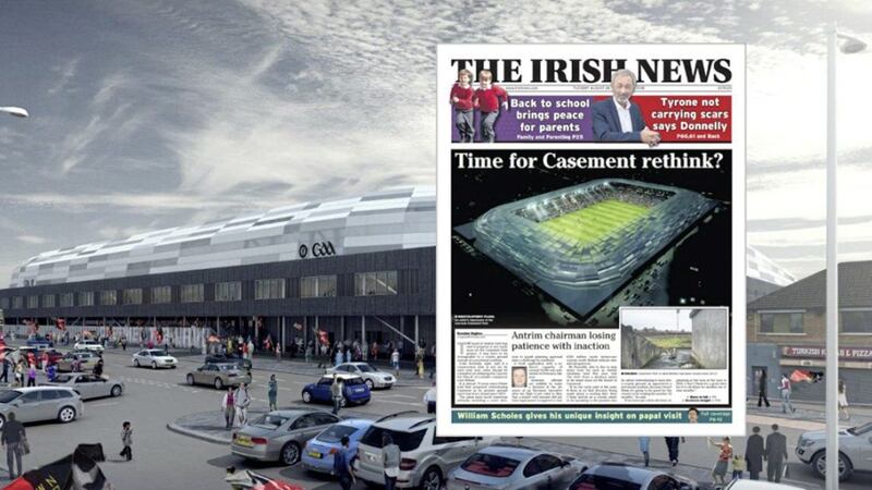 Plans for the redevelopment of Casement Park, and inset, how The Irish News reported on calls for a rethink 