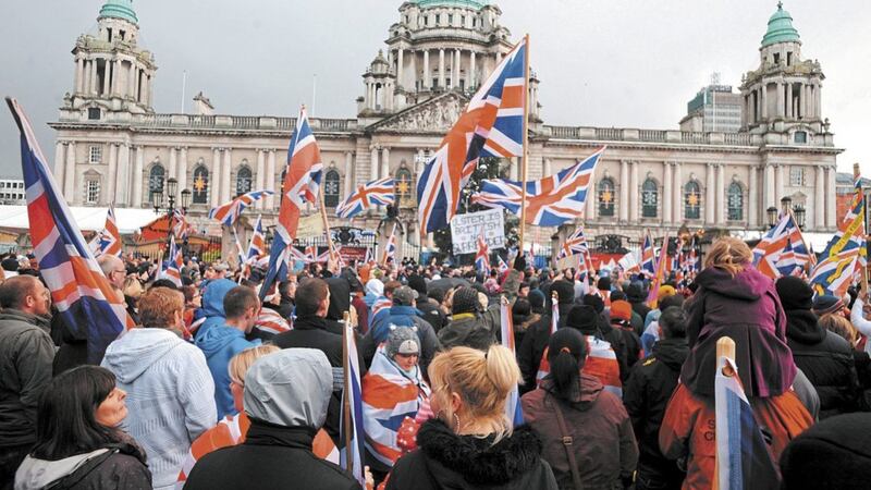 Loyalists at Belfast City Hall in December 2012 during a protest against the removal of the union flag from the building except on designated days. Photo: Alan Lewis/Photopress 