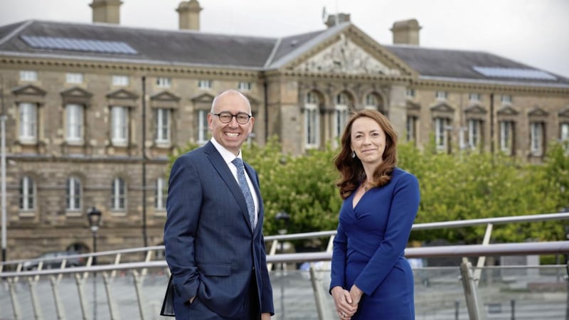 Danske Bank&#39;s incoming chief executive Vicky Davies pictured with incumbent Kevin Kingston. Picture: Kelvin Boyes / Press Eye 