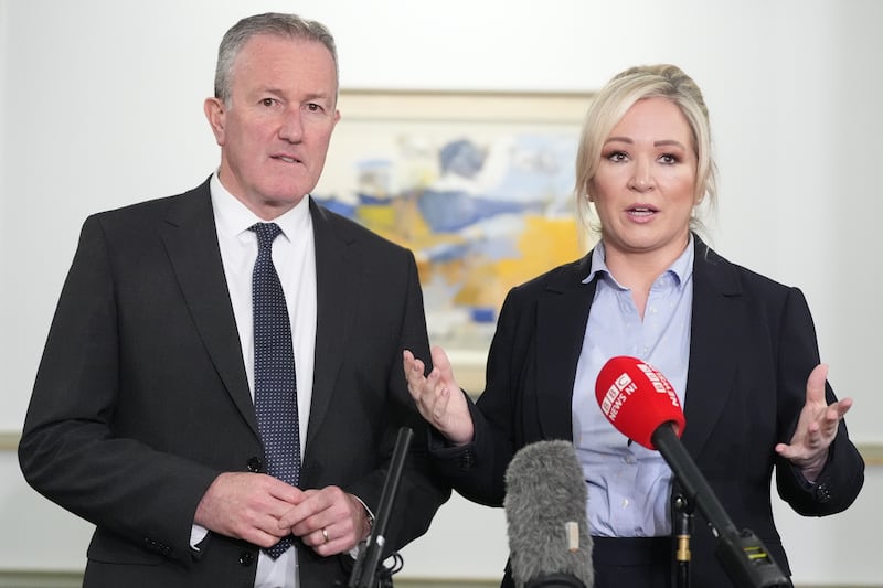 Stormont Economy minister Conor Murphy and First Minister Michelle O’Neill speak to the media following the first East-West Council meeting at Dover House in London