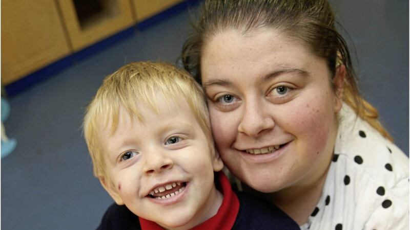Rachel Hanna has been living at Cloverhill in west Belfast with her three-year-old son Kyle since April. Picture by Hugh Russell 