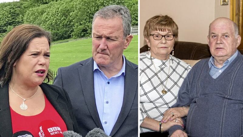 Sinn F&eacute;in leader Mary Lou McDonald pictured last year with party MLA and Stormont finance minister Conor Murphy and Paul Quinn's parents Breege and Stephen Quinn