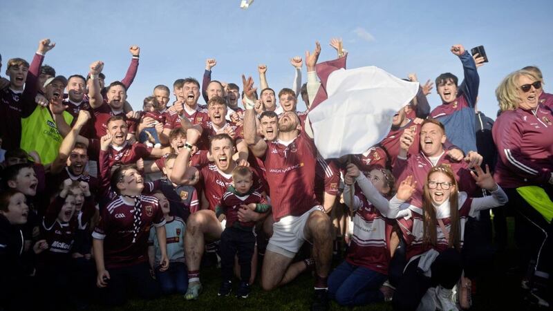 Cushendall celebrate their win over Loughgiel in Corrigan Park Picture Mark Marlow. 