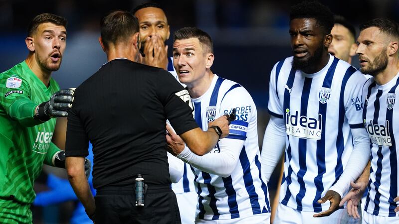 West Brom captain Jed Wallace, centre, appeals to referee James Linington after Cedric Kipre, second right, is penalised (Nick Potts/PA)