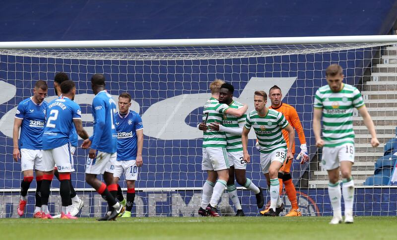 Celtic's Odsonne Edouard celebrates with teammates after scoring his side's first goal of the game during the Scottish Premiership match against Rangers at Ibrox Stadium, Glasgow.on&nbsp;Sunday May 2, 2021. Picture by Jane Barlow/PA Wire.<br /><br /><br /><br /><br />&nbsp;