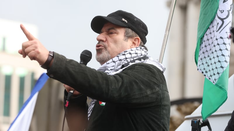 Saeb Shaath  (left) pictured with Khalid El-Astal (right) at a Palestine Rally in Belfast 
PICTURE MAL MCCANN