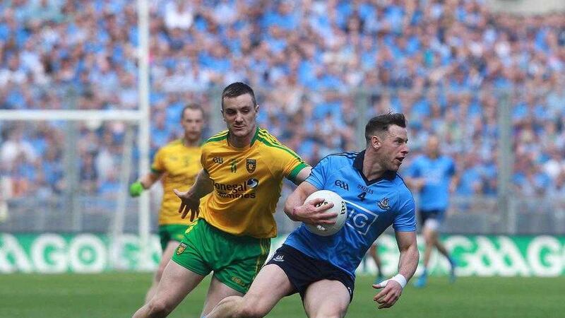 Donegal&#39;s Leo McLoone tangles with Dublin defender Philip McMahon. There is a clamour for McLoone to start against the Dubs today 