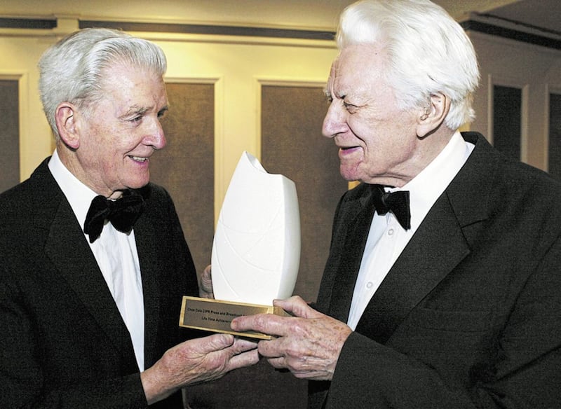 Irish News Chairman Jim Fitzpatrick presents the Life Time Achievment Award to James Kelly at the Coca Cola CIPR Press and Broadcast Awards 06/07. pic Colm O&#39;Reilly 23-3-07 