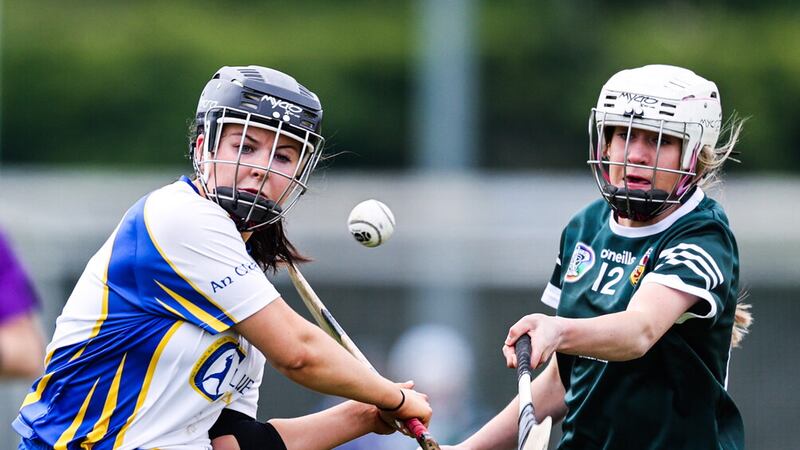 Clare's Grace Carmody is challenged by Cara O'Boyle of Antrim during the Very National Camogie League final at Clane GAA in Co Kildare  Picture: Tom Maher/Inpho