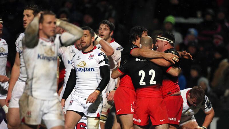 Saracens players celebrate after Billy Vunipola scored their bonus point try in Friday&rsquo;s Champions Cup win over Ulster at Kingspan Stadium<span class="Apple-tab-span" style="white-space:pre">								</span>&nbsp; &nbsp;