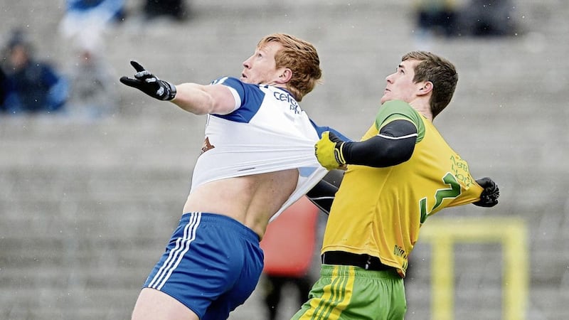 18 March 2018; Kieran Hughes of Monaghan in action against Caolan Ward of Donegal during the Allianz Football League Division 1 Round 6 match between Monaghan and Donegal at St. Tiernach's Park in Clones, Monaghan. Photo by Oliver McVeigh/Sportsfile.