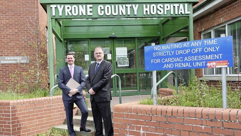 Pictured at the former Tyrone County Hospital site in Omagh are: Andrew Gawley, director at Lisney; and Irwin Potts, assistant director of strategic capital development within the Western Health and Social Care Trust. 