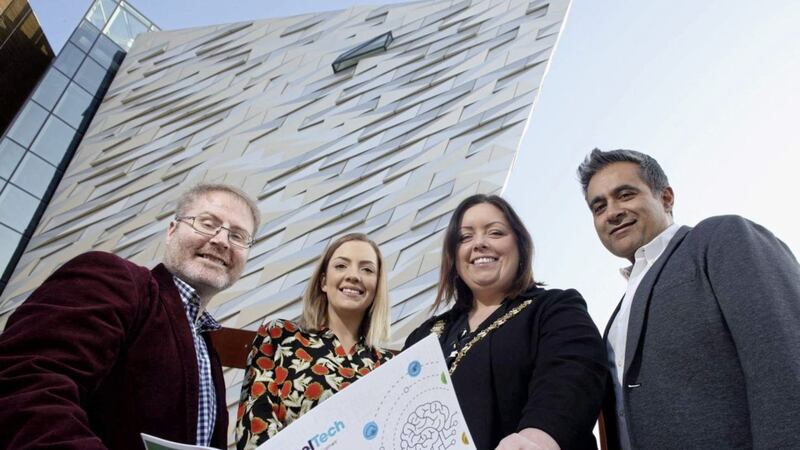 Pictured are: Tom Gray from Kainos; business stream keynote speaker, Maria McKavanagh from Verv; Lord Mayor of Belfast, Deirdre Hargey; and conference keynote speaker, Sunil Sharma, MD of Techstars Toronto. 