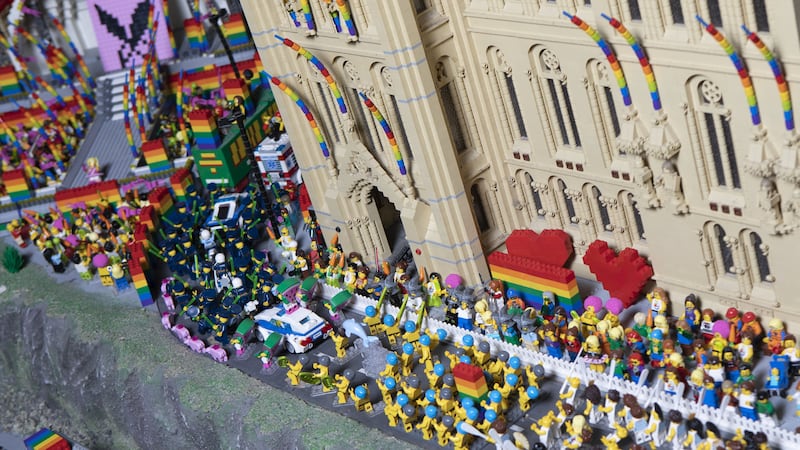 James Windle, model builder at Legoland Manchester, has re-created the city’s Pride festivities out of Lego, including a tiny Ariana Grande.