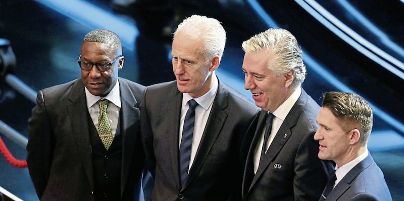 Republic of Ireland assistant coach Terry Connor (left), manager Mick McCarthy (second left), Football Association of Ireland CEO John Delaney, (second right) and assistant coach Robbie Keane following the Euro 2020 European qualifier draw at the Convention Centre, Dublin. McCarthy hopes to have Declan Rice on board for the start of the Qualifiers in March 