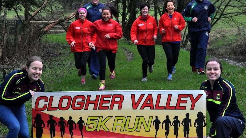 Getting into gear for the Clogher Valley 5K Run/Walk on Sunday, March 20 (10am) are (back) Michael Treanor and Eugene McKenna from Clogher Valley Rugby club, Dee McCarroll, Olivia Shevlin, Monica Mahoney and Paulline Donnelly of Knockmany Runners; (front) Cathy Donnelly and Paula Donnelly from St Macartan ladies'<br />Picture by Press Box Media