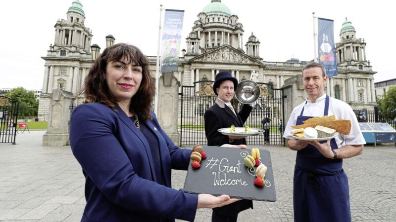 Rallying Call for a Northern Ireland &#39;giant welcome&rsquo; ahead of The 148th Open. Pictured is Lesley-Ann O&rsquo;Donnell from Tourism NI, Jonathan Wade, of the Grand Central Hotel and David Gillmore, executive Chef at James Street &amp; Co   