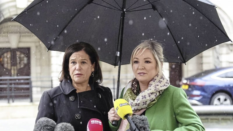 Sinn F&eacute;in leader Mary Lou McDonald with her deputy Michelle O&#39;Neill in Belfast outside the talks yesterday. Picture by Hugh Russell 