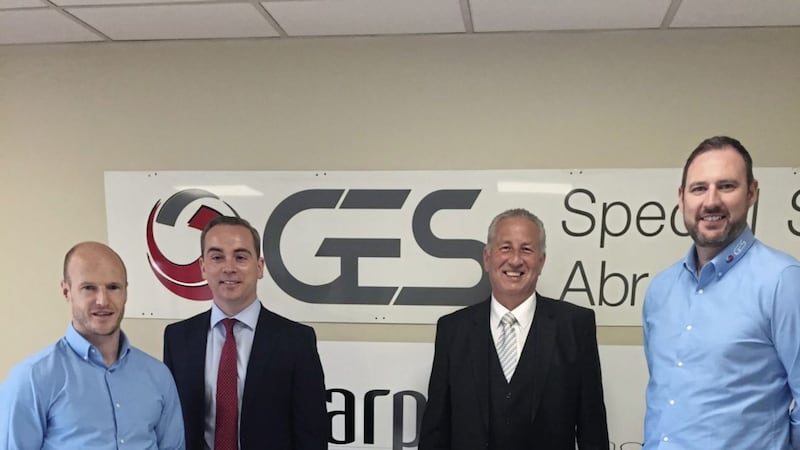 At GES in Derry are (from left) Nigel McMonagle (financial controller), Ryan Murphy (Santander relationship director), Gordon Iddon (international director) and John McClenaghan (managing director) 