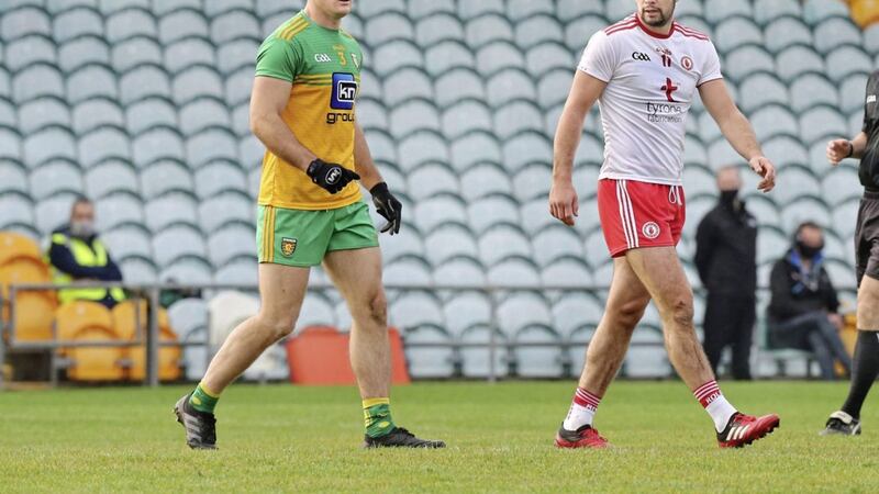 Donegal Neil McGee with Conor McKenna of Tyrone during the NFL Div 1 match at Ballybofey. Picture Margaret McLaughlin 18-10-2020. 