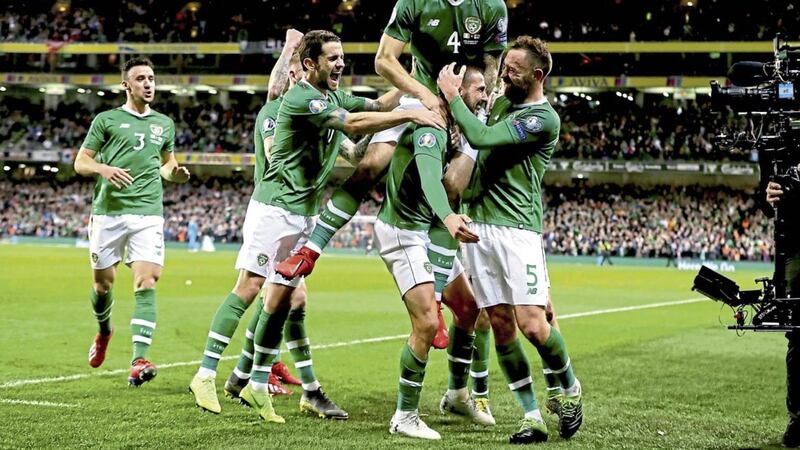 Conor Hourihane is mobbed by his Republic of Ireland team-mates after scoring the only goal of the game in the first half of Wednesday night&rsquo;s Euro 2020 Qualifying Group D game against Georgia at the Aviva Stadium. The win gives Mick McCarthy&rsquo;s side six points from a possible six after the first two matches, with the campaign resuming in June					 Picture by PA 