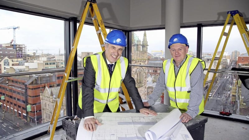 Cian Landers (left) from the Fitzwilliam Hotel and David Harte from Edgewater Contracts announce that work has begun on a second &pound;2million investment to upgrade rooms and increase capacity at hotel. Photo: Darren Kidd / PressEye 