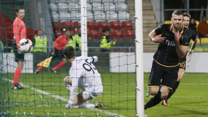 Dundalk's Ciaran Kilduff scores the winner at Tallaght Stadium on Thursday night<br />Picture by PA