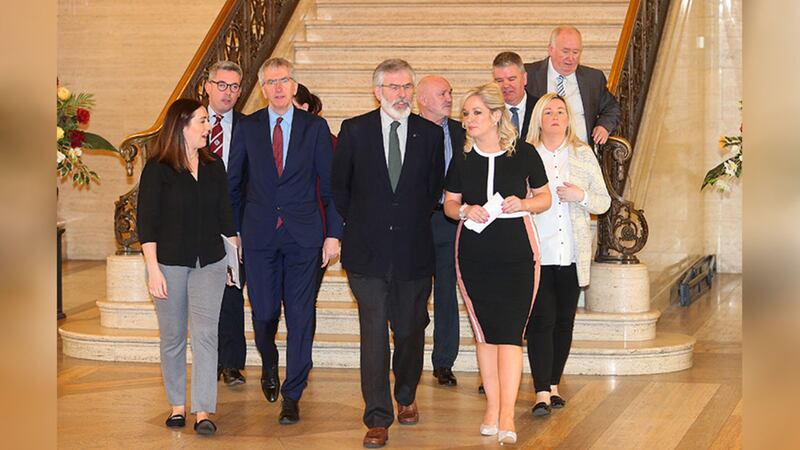 &nbsp;Sinn F&eacute;in northern leader Michelle O'Neill prepares to speak to the media in Stormont