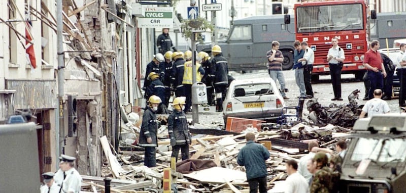 Rescue workers and police search for survivors following the no warning bomb blast in Omagh. 