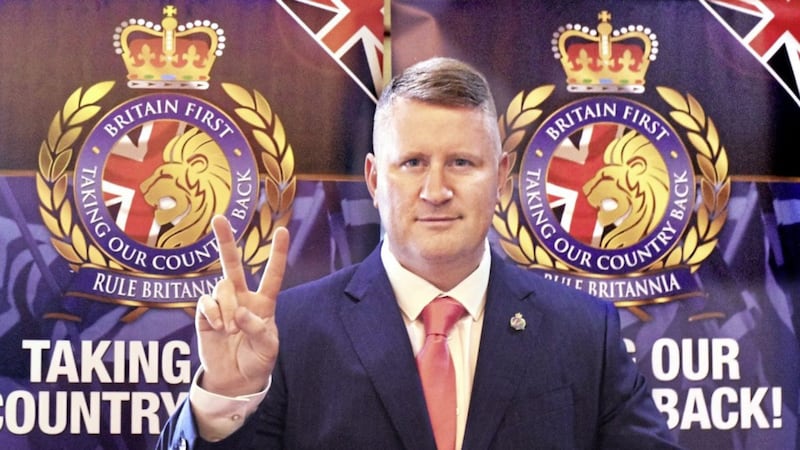 Paul Golding arriving to address the public meeting in Newtownards 