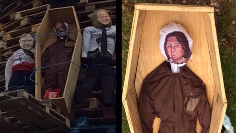 An effigy of hunger striker Bobby Sands in a coffin was placed on the Ballycraigy bonfire this year 