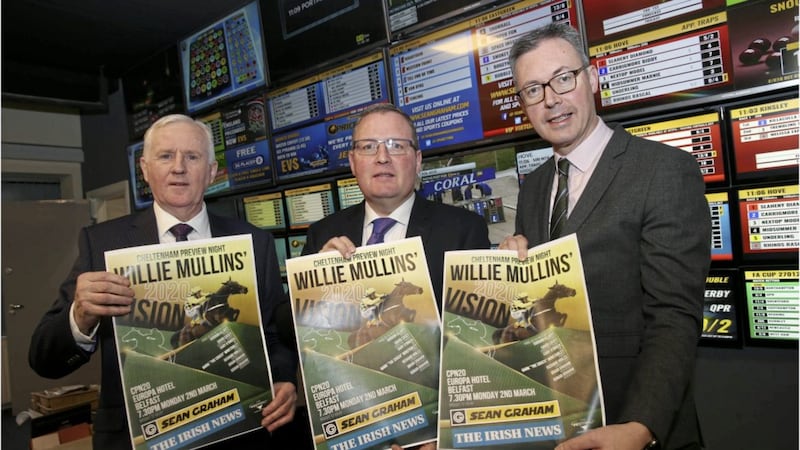 Irish News sports editor Thomas Hawkins (left), Brian Graham (Sean Graham Bookmakers) and Irish News marketing manager John Brolly pictured at the launch of tonight&#39;s 2020 Cheltenham Preview Night event at the Europa Hotel, Belfast 