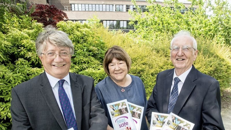 New figures released by the Northern Ireland Pensioners Parliament have prompted the relaunch of a revised and updated version of the &lsquo;Feel Safe&rsquo; guide for older people. Photographed with DOJ Permanent Secretary Nick Perry are Valerie Adams and Michael Monaghan from Age Sector Platform. 