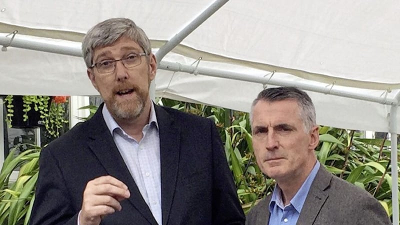 Sinn F&eacute;in&#39;s John O&#39;Dowd (left) and Declan Kearney speaking to the media at Stormont Castle in Belfast. Picture by David Young, Press Association 