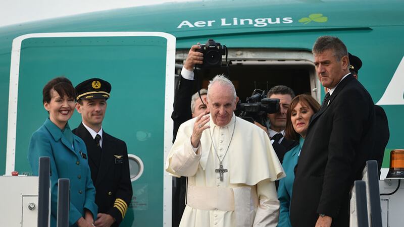 Pope Francis leaving on an Aer Lingus aircraft from Dublin Airport back to the Vatican putting an end to his visit to the Republic&nbsp;
