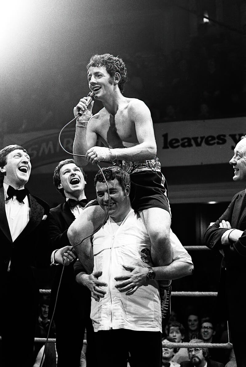 Hugh Russell v John Feeney's weight title fight at the Ulster Hall in Belfast. Hugh Russell won the title from Feeney in the 13th round after Feeney was disqualified for butting with his head. Picture by Pacemaker Press Intl