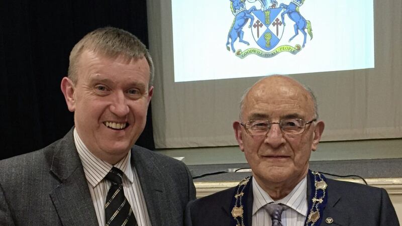 Mervyn Storey pictured with Harry Connolly when he was Deputy Mayor of Ballymoney at an event to mark the work of Ballymoney Council before it ceased to operate in 2015.  