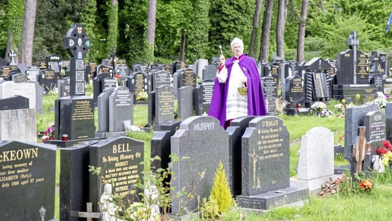 Bishop Noel Treanor privately visited both Milltown and City cemeteries on Sunday 