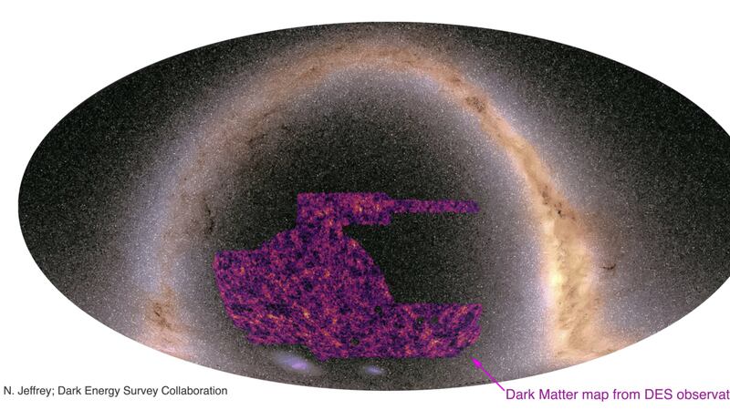 The new map, a representation of all matter detected in the foreground of the observed galaxies, covers a quarter of the southern hemisphere’s sky. 