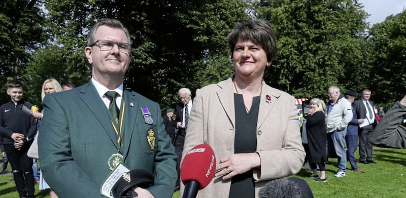 Sir Jeffrey Donaldson and Arlene Foster attended the service in Wallace Park in Lisburn. Picture by Niall Carson/PA Wire 