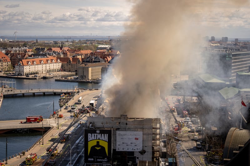 Smoke rises from the Stock Exchange in Copenhagen (Ida Marie Odgaard/Ritzau Scanpix via AP)