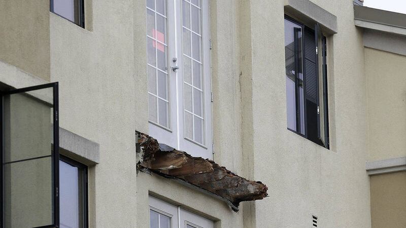 The remaining wood from the Library Gardens apartment building balcony that collapsed in Berkeley, California. Picture by AP Photo/Jeff Chiu 