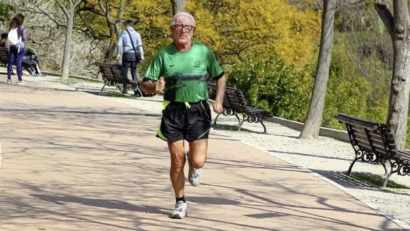 Francie Arthurs, who turns 82 on May 18, has done plenty of warm weather training ahead of his tilt at the Belfast marathon tomorrow. Picture by Seamus Loughran 