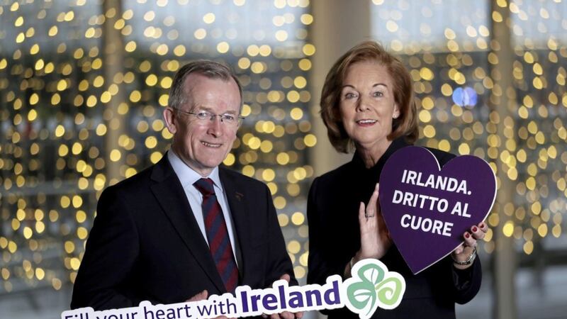 Pictured are Joan O&rsquo;Shaughnessy, chairman of Tourism Ireland and Niall Gibbons, CEO of Tourism Ireland, at the launch of Tourism Ireland&rsquo;s marketing plans for 2019 in Belfast. 