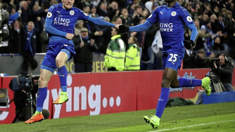 Leicester City's Jamie Vardy celebrates scoring his side's third goal goal during their 3-1 win over Liverpool in last night's Premier League match at the King Power Stadium last night <br />Picture by PA